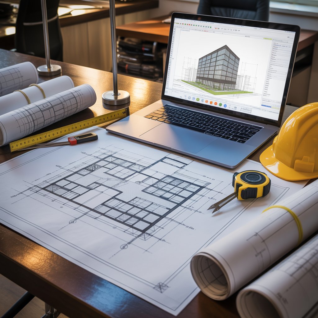 Mimari plan, bilgisayarda üç boyutlu model ve proje masaüstü